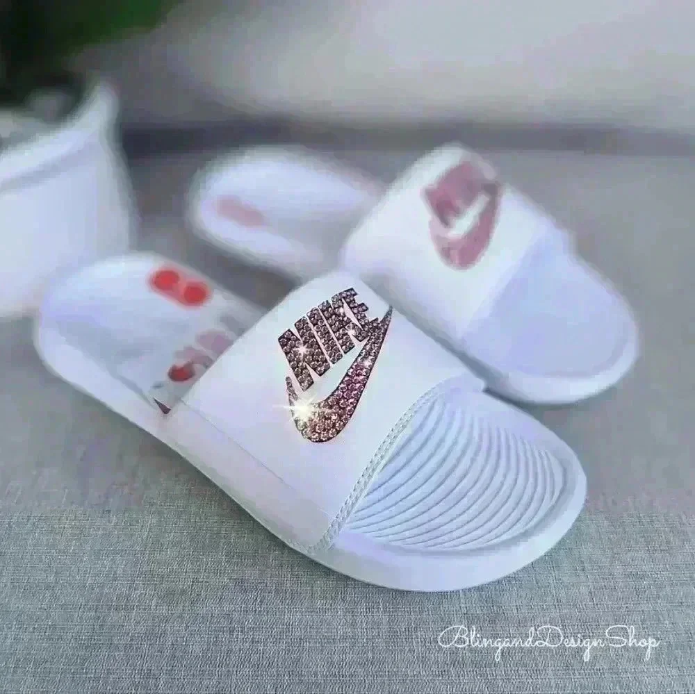 Nike Victori One Slide Sandals Custom with Pink Crystal Rhinestones Bling Nikes